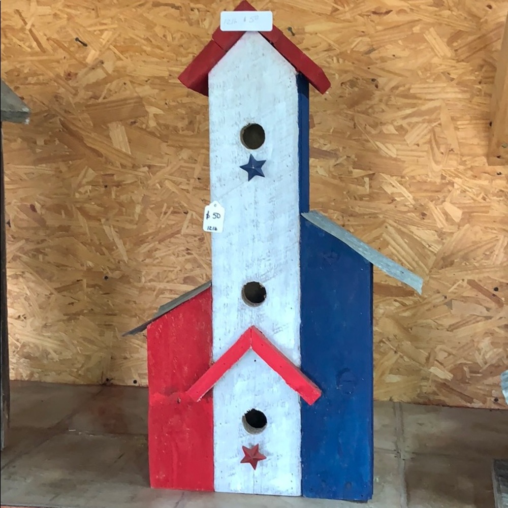 Handmade red white and blue birdhouse